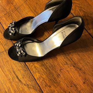 Beautiful black satin shoes with rhinestone detail. Worn a couple of times.